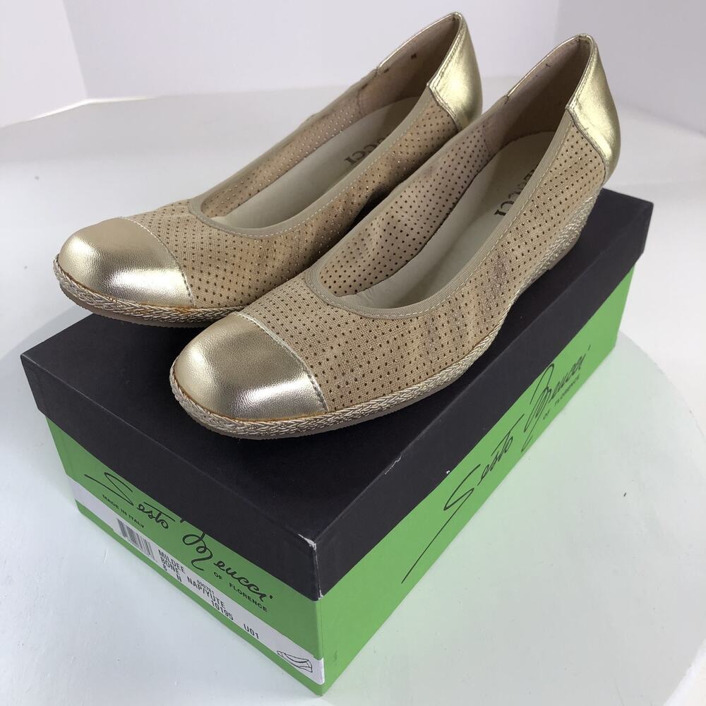 Sesto Meucci VTG Women's 8 Slip On Flats Heels Woven Shoes Metallic Gold Beige